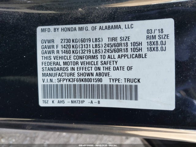 Продаж на аукціоні авто 2019 Honda Ridgeline Rtl-t, vin: 5FPYK3F69KB001590, номер лоту: 45195080