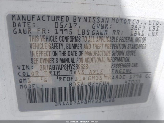 Aukcja sprzedaży 2017 Nissan Sentra S, vin: 3N1AB7AP8HY339628, numer aukcji: 45195085