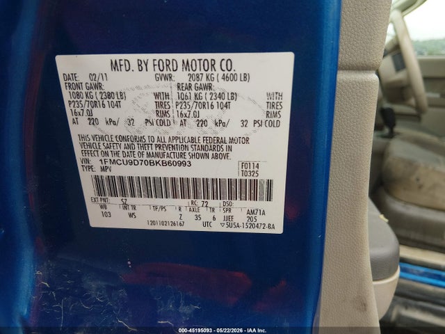 Продажа на аукционе авто 2011 Ford Escape Xlt, vin: 1FMCU9D70BKB60993, номер лота: 45195093