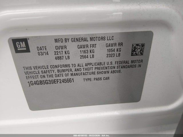 2014 Buick Lacrosse Leather Group მანქანა იყიდება აუქციონზე, vin: 1G4GB5G39EF245661, აუქციონის ნომერი: 45195103