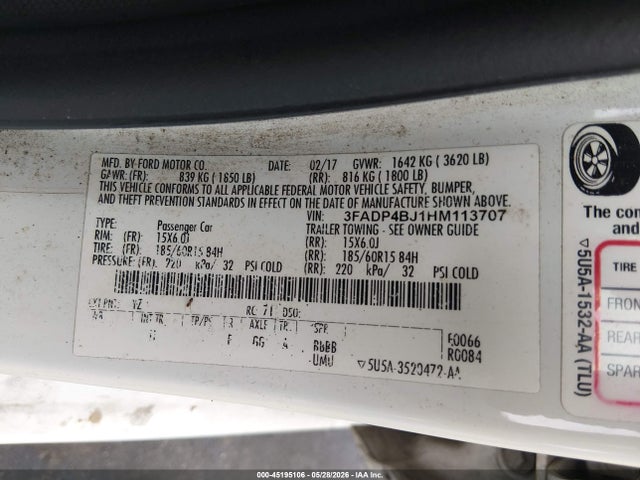 Продажа на аукционе авто 2017 Ford Fiesta Se, vin: 3FADP4BJ1HM113707, номер лота: 45195106