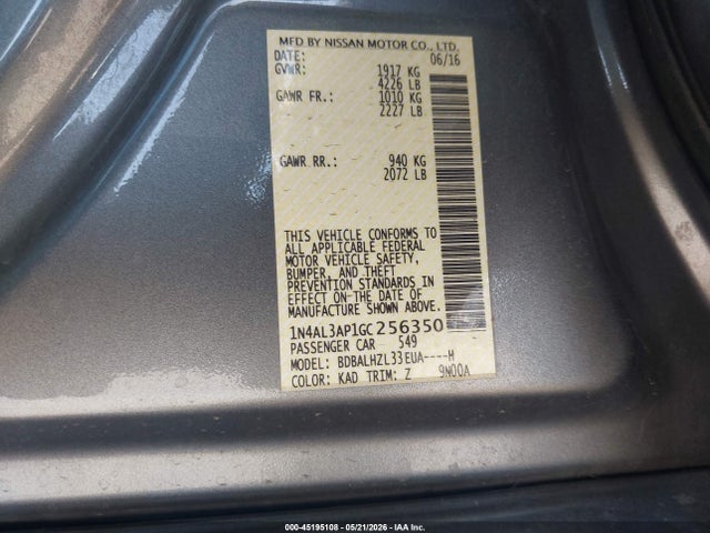 2016 Nissan Altima 2.5 Sr მანქანა იყიდება აუქციონზე, vin: 1N4AL3AP1GC256350, აუქციონის ნომერი: 45195108