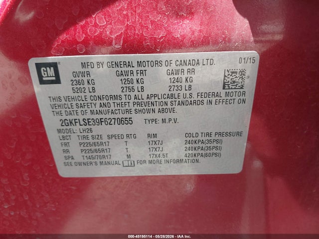 2015 Gmc Terrain Slt-1 მანქანა იყიდება აუქციონზე, vin: 2GKFLSE39F6270655, აუქციონის ნომერი: 45195114