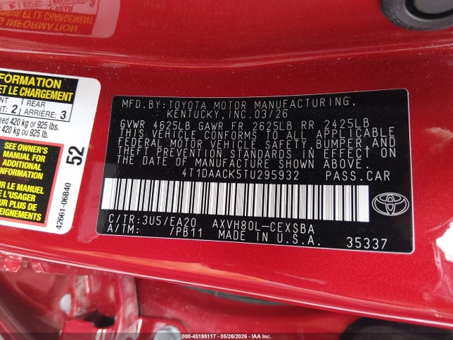 Aukcja sprzedaży 2026 Toyota Camry Se, vin: 4T1DAACK5TU295932, numer aukcji: 45195117