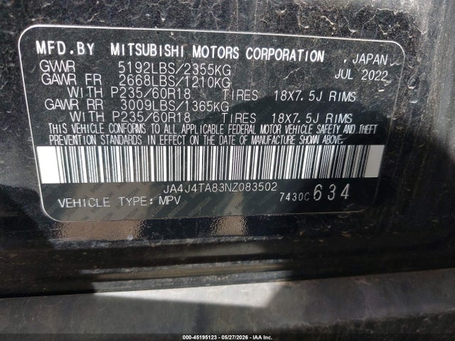 Aukcja sprzedaży 2022 Mitsubishi Outlander Es 2.5 S-awc, vin: JA4J4TA83NZ083502, numer aukcji: 45195123