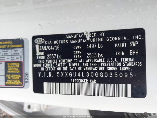 Aukcja sprzedaży 2016 Kia Optima Ex, vin: 5XXGU4L30GG035095, numer aukcji: 45195132