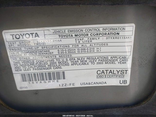2003 Toyota Matrix Standard მანქანა იყიდება აუქციონზე, vin: 2T1KR32E03C088504, აუქციონის ნომერი: 45195143