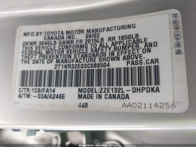 2003 Toyota Matrix Standard მანქანა იყიდება აუქციონზე, vin: 2T1KR32E03C088504, აუქციონის ნომერი: 45195143