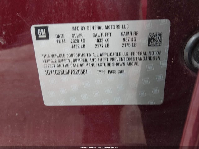Продаж на аукціоні авто 2015 Chevrolet Malibu 1lt, vin: 1G11C5SL6FF220581, номер лоту: 45195146