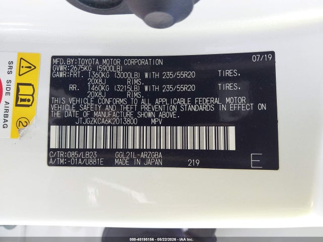 45195156 :رقم المزاد ، JTJGZKCA6K2013800 vin ، 2019 Lexus Rx 350l Premium مزاد بيع