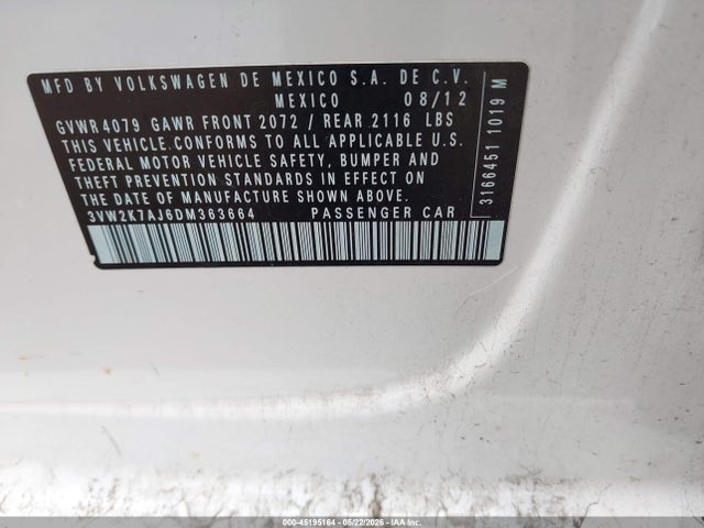 Продаж на аукціоні авто 2013 Volkswagen Jetta 2.0l S, vin: 3VW2K7AJ6DM363664, номер лоту: 45195164