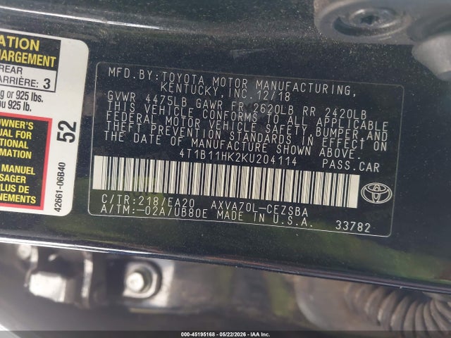 4T1B11HK2KU204114 Toyota CAMRY SE