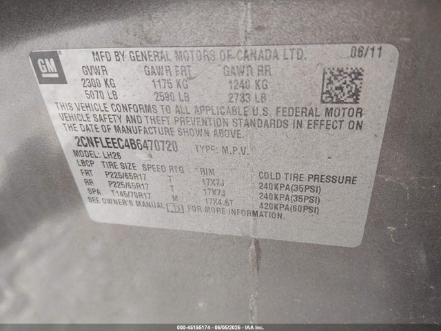 Продажа на аукционе авто 2011 Chevrolet Equinox 1lt, vin: 2CNFLEEC4B6470720, номер лота: 45195174