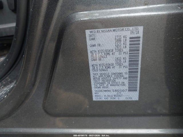 Продажа на аукционе авто 2019 Nissan Pathfinder Sl, vin: 5N1DR2MM9KC580507, номер лота: 45195178