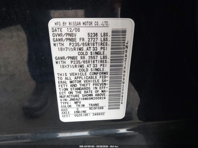 2009 Nissan Murano S მანქანა იყიდება აუქციონზე, vin: JN8AZ18W89W200924, აუქციონის ნომერი: 45195180