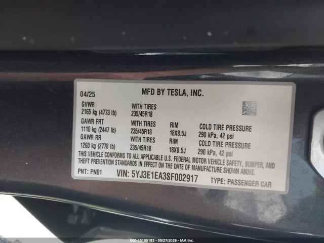 Aukcja sprzedaży 2025 Tesla Model 3, vin: 5YJ3E1EA3SF002917, numer aukcji: 45195183
