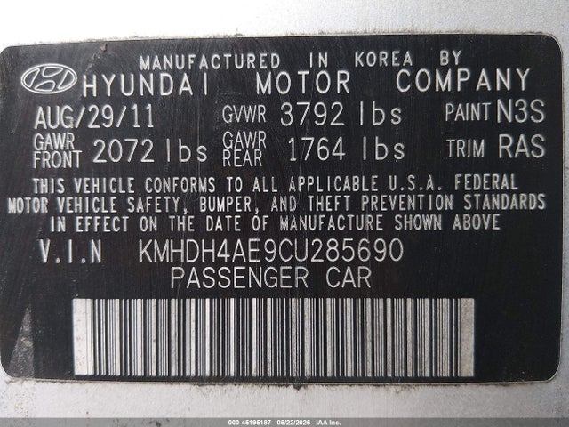 Aukcja sprzedaży 2012 Hyundai Elantra Gls (ulsan Plant), vin: KMHDH4AE9CU285690, numer aukcji: 45195187