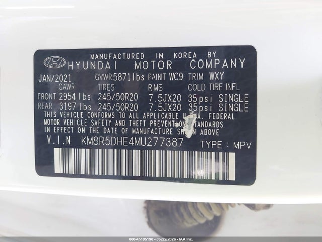 Aukcja sprzedaży 2021 Hyundai Palisade Limited, vin: KM8R5DHE4MU277387, numer aukcji: 45195190