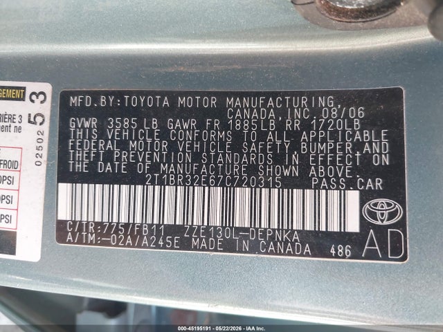 Продаж на аукціоні авто 2007 Toyota Corolla Le, vin: 2T1BR32E67C720315, номер лоту: 45195191