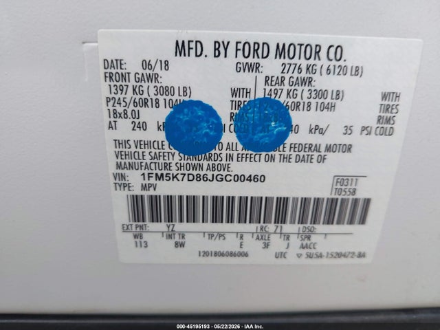 45195193 :رقم المزاد ، 1FM5K7D86JGC00460 vin ، 2018 Ford Explorer Xlt مزاد بيع