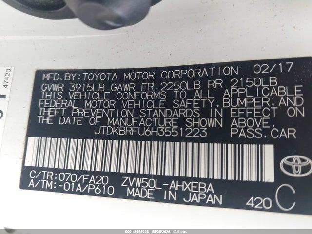 Aukcja sprzedaży 2017 Toyota Prius Two, vin: JTDKBRFU6H3551223, numer aukcji: 45195196