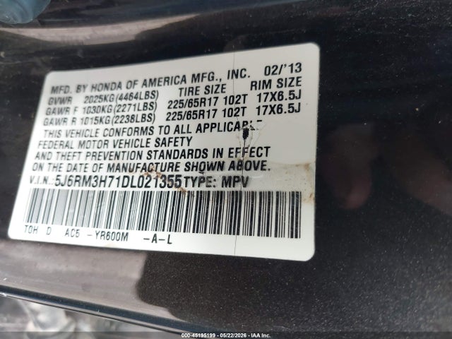 Aukcja sprzedaży 2013 Honda Cr-v Ex-l, vin: 5J6RM3H71DL021355, numer aukcji: 45195199