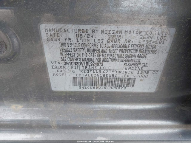 Aukcja sprzedaży 2024 Nissan Versa 1.6 S, vin: 3N1CN8DV1RL924873, numer aukcji: 45195204