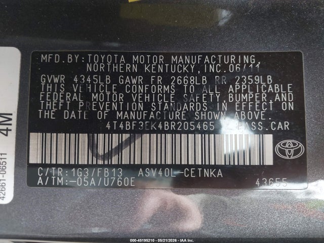 45195210 :رقم المزاد ، 4T4BF3EK4BR205465 vin ، 2011 Toyota Camry Le مزاد بيع