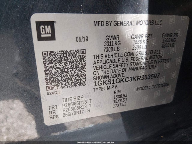 Aukcja sprzedaży 2019 Gmc Yukon Xl Slt, vin: 1GKS1GKC3KR353597, numer aukcji: 45195218