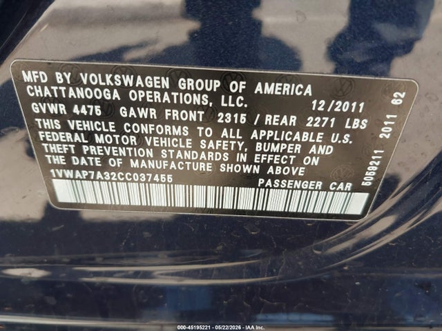 Aukcja sprzedaży 2012 Volkswagen Passat 2.5l S, vin: 1VWAP7A32CC037455, numer aukcji: 45195221