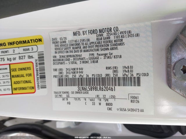 Продаж на аукціоні авто 2020 Lincoln Mkz Standard, vin: 3LN6L5B98LR620461, номер лоту: 45195230