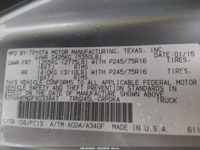 Продажа на аукционе авто 2015 Toyota Tacoma, vin: 5TFUX4EN0FX033847, номер лота: 45195261