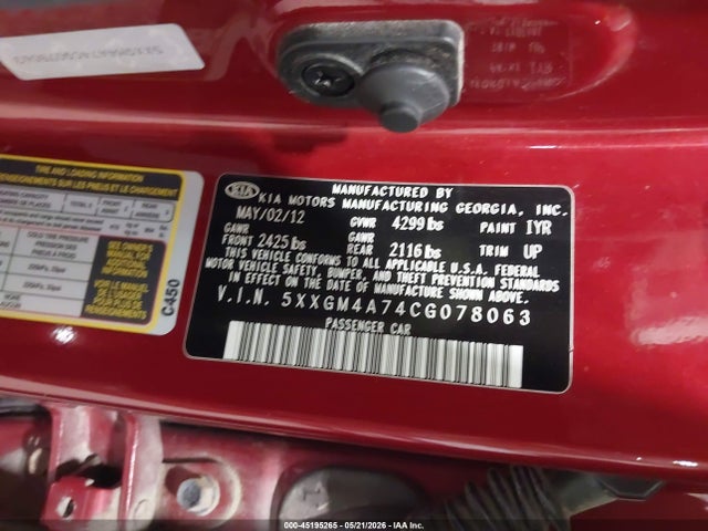 45195265 :رقم المزاد ، 5XXGM4A74CG078063 vin ، 2012 Kia Optima Lx مزاد بيع
