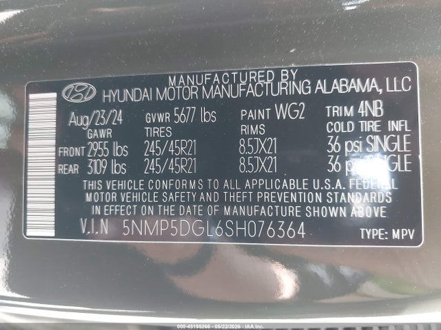 2025 Hyundai Santa Fe Calligraphy მანქანა იყიდება აუქციონზე, vin: 5NMP5DGL6SH076364, აუქციონის ნომერი: 45195266
