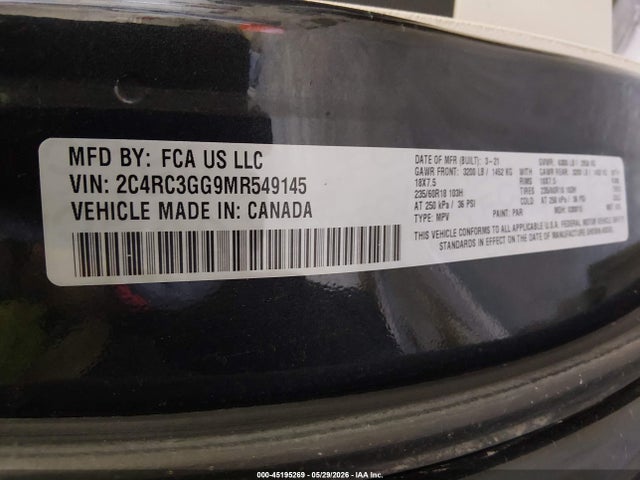 2021 Chrysler Pacifica Limited Awd მანქანა იყიდება აუქციონზე, vin: 2C4RC3GG9MR549145, აუქციონის ნომერი: 45195269