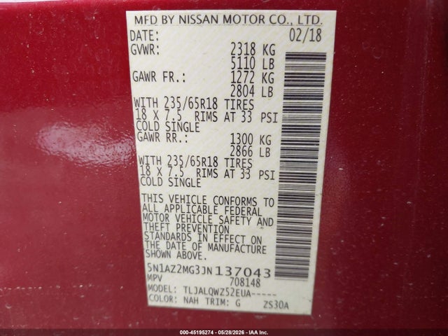 Aukcja sprzedaży 2018 Nissan Murano Sv, vin: 5N1AZ2MG3JN137043, numer aukcji: 45195274