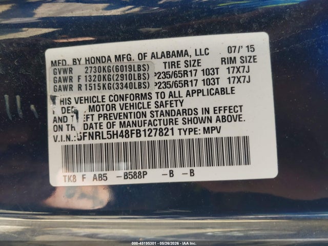Продажа на аукционе авто 2015 Honda Odyssey Ex, vin: 5FNRL5H48FB127821, номер лота: 45195301
