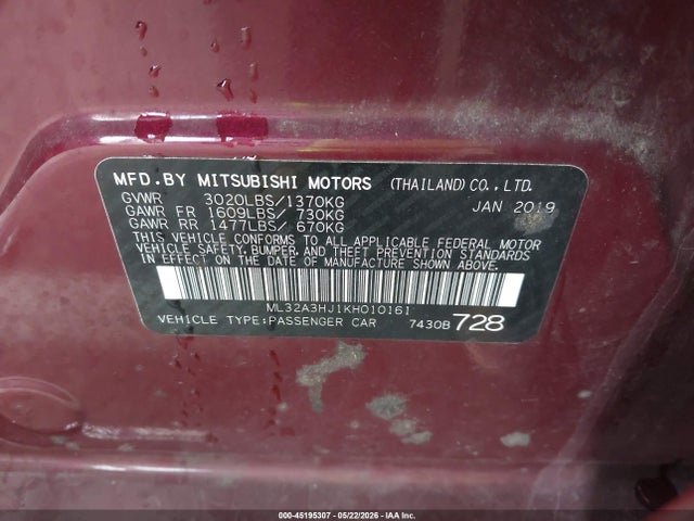 Продаж на аукціоні авто 2019 Mitsubishi Mirage Rf, vin: ML32A3HJ1KH010161, номер лоту: 45195307