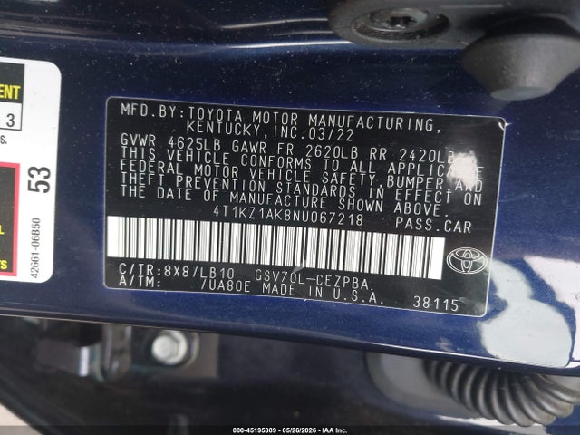Продаж на аукціоні авто 2022 Toyota Camry Xse V6, vin: 4T1KZ1AK8NU067218, номер лоту: 45195309