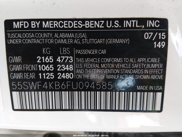 45195310 :رقم المزاد ، 55SWF4KB6FU094585 vin ، 2015 Mercedes-benz C 300 Sport 4matic مزاد بيع