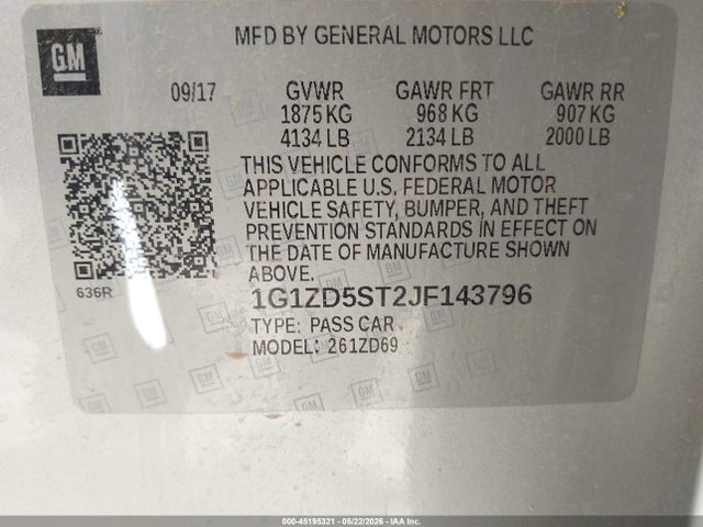 Продажа на аукционе авто 2018 Chevrolet Malibu Lt, vin: 1G1ZD5ST2JF143796, номер лота: 45195321