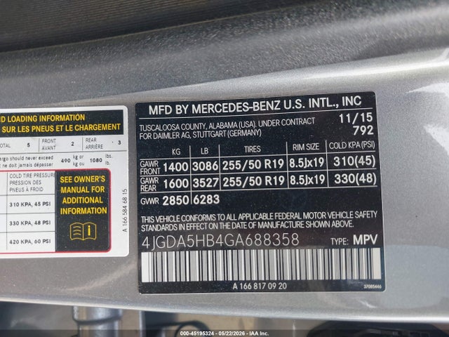 Продаж на аукціоні авто 2016 Mercedes-benz Gle 350 4matic, vin: 4JGDA5HB4GA688358, номер лоту: 45195324