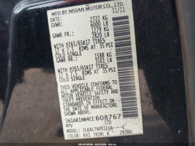45195356 :رقم المزاد ، 5N1AR1NN4CC608767 vin ، 2012 Nissan Pathfinder Sv مزاد بيع