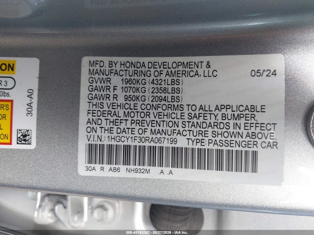 45195362 :رقم المزاد ، 1HGCY1F30RA067199 vin ، 2024 Honda Accord Ex مزاد بيع