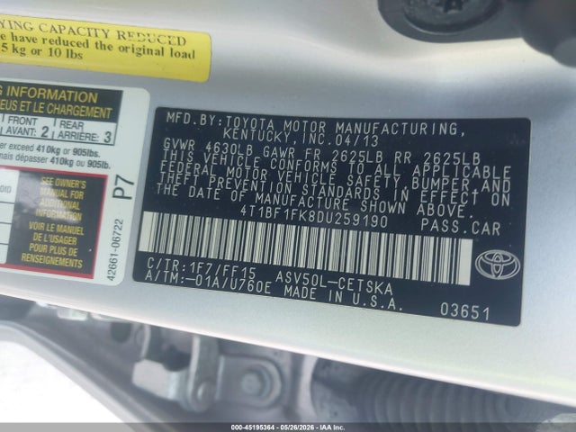 45195364 :رقم المزاد ، 4T1BF1FK8DU259190 vin ، 2013 Toyota Camry Se مزاد بيع