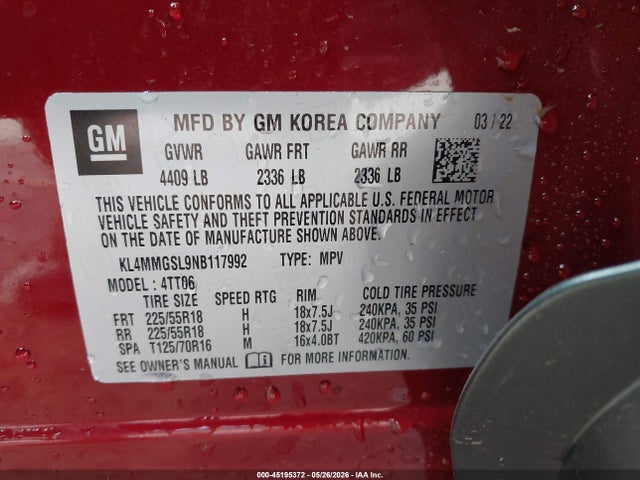 45195372 :رقم المزاد ، KL4MMGSL9NB117992 vin ، 2022 Buick Encore Gx Awd Essence مزاد بيع