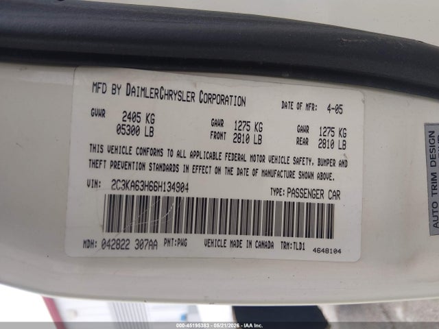 2006 Chrysler 300c მანქანა იყიდება აუქციონზე, vin: 2C3KA63H66H134904, აუქციონის ნომერი: 45195383