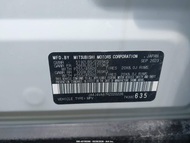 2024 Mitsubishi Outlander Se 2.5 S-awc მანქანა იყიდება აუქციონზე, vin: JA4J4VA87RZ020226, აუქციონის ნომერი: 45195398