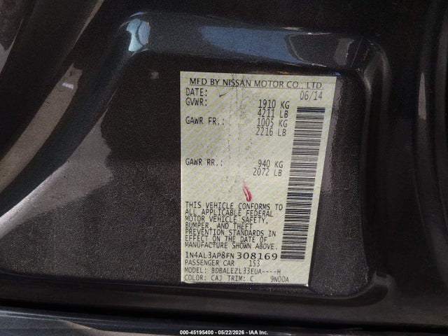 Продаж на аукціоні авто 2015 Nissan Altima 2.5 S, vin: 1N4AL3AP8FN308169, номер лоту: 45195400