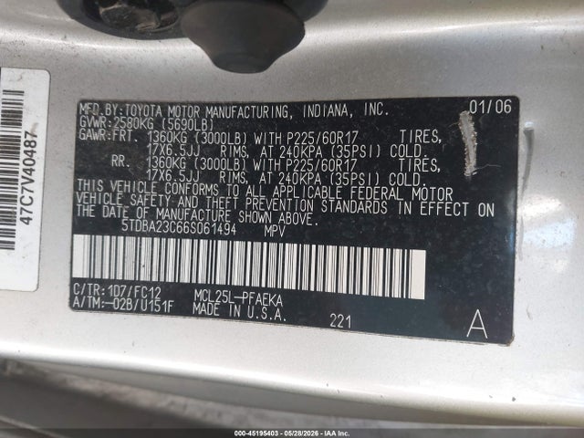 45195403 :رقم المزاد ، 5TDBA23C66S061494 vin ، 2006 Toyota Sienna Le مزاد بيع